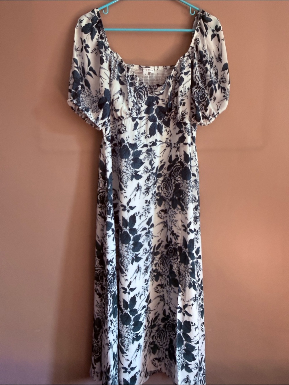 Baltic Born White Maxi Dress with Black Floral Print and Puff Sleeves - NWT